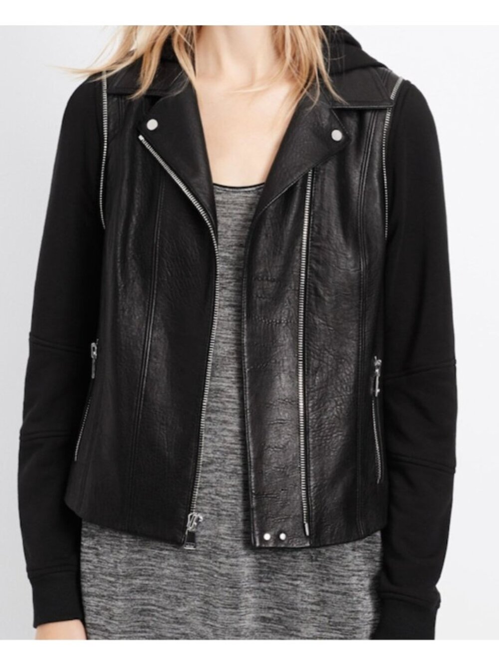 NWT VINCE Mixed-Media Leather Moto Jacket With Hoodie Knit Black Size XXS